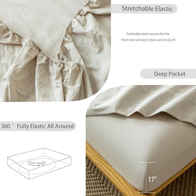 MooMee Fitted Bottom Sheet Only 100% Washed Cotton Linen Like Textured - Image 5