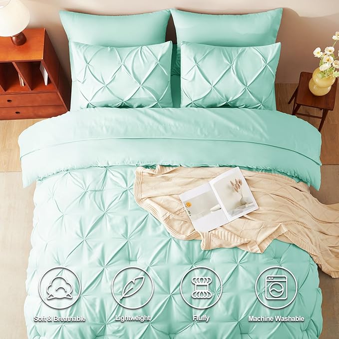 CozyLux King Size Comforter Set Mint Green, 7 Pieces Pintuck Bed in A Bag Green - Image 2