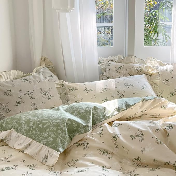 MKXI Botanical Floral Duvet Cover Twin Beige Girls Floral Ruffled Bedding Set - Image 3
