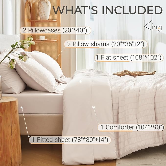 MUXHOMO 7 Pieces King Comforter Set, Seersucker Bed in a Bag King Size - Image 4