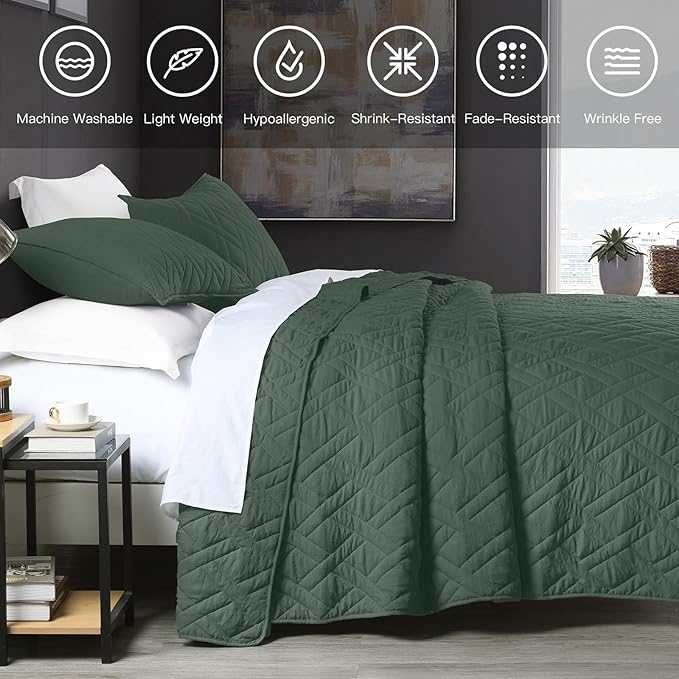 HORIMOTE HOME Quilt Set Twin Size Dark Green, Classic Geometric Diamond - Image 6