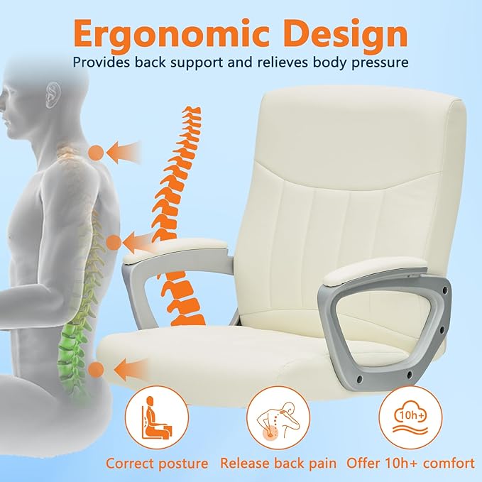 CLATINA Office Computer Desk Chair Executive Mid Back Chair Comfortable Ergonomic Managerial Chair Adjustable PU Leather Home Office Desk Chair Swivel, White 2PK-DeskoryOffice