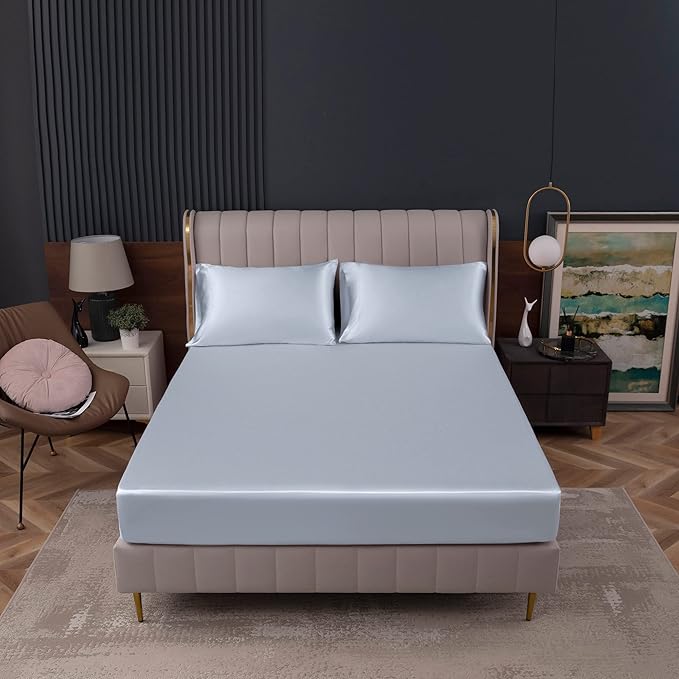 Homiest Baby Blue Satin Fitted Sheet King Size, Deep Pocket, Luxury & Ultra - Image 2