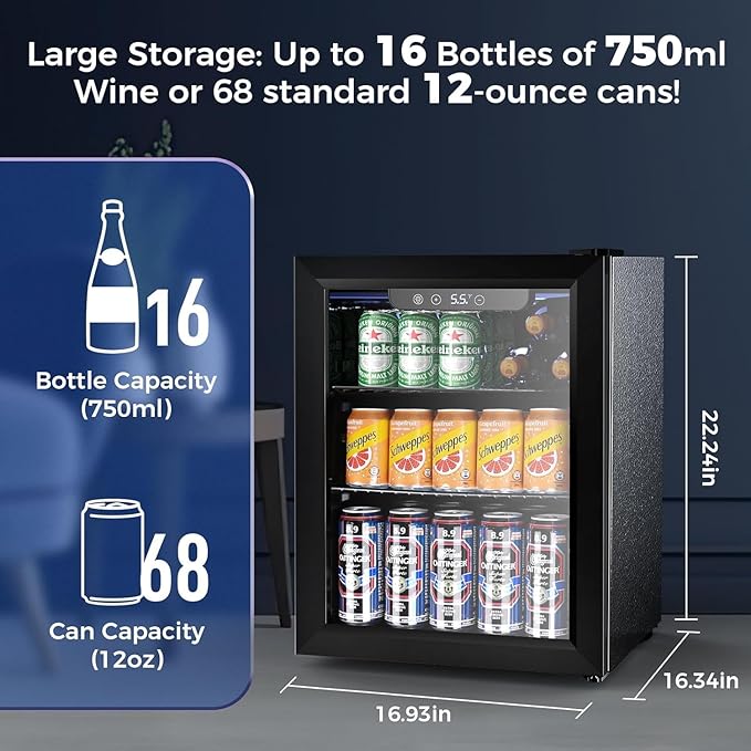 1.7 Cu.ft Beverage Refrigerator Cooler, 68 Can Mini Fridge Glass Door with Adjustable Shelves, Digital Temperature Display, Freestanding Small Drink Fridge for Home, Office or Bar(Black)-DeskoryOffice
