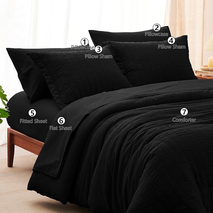 CozyLux Oversized Queen Comforter Set Black Seersucker 7 Pieces 98x98 Bed in a - Image 8