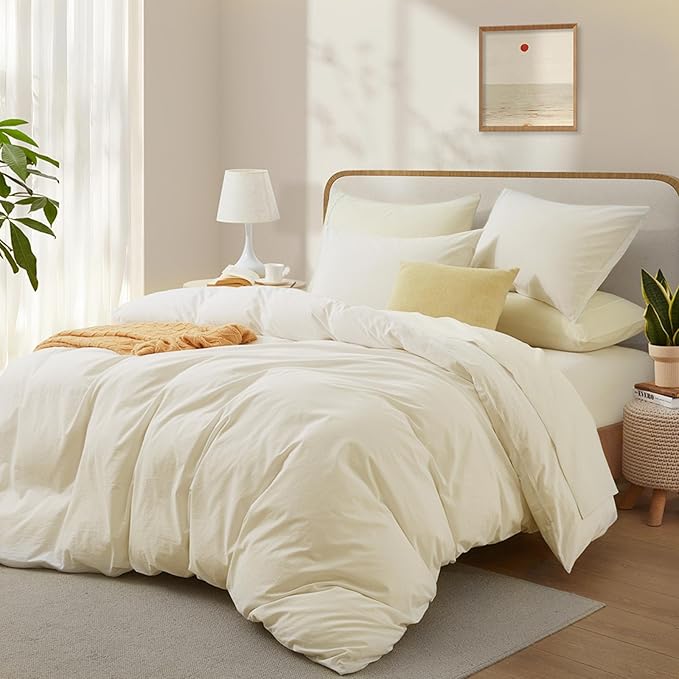 Cream White Cotton Duvet Cover Full Size, Linen-Like Natural Bedding Set - Image 2