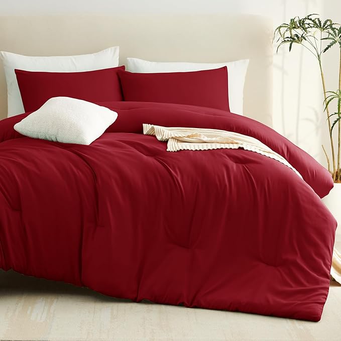 CozyLux Oversized Queen Comforter Set Dark Red, 3 Pieces 98x98 Solid Breathable - Image 8