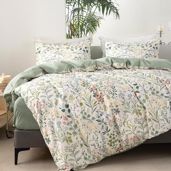 MKXI Queen Size Wildflower Duvet Cover Set Sage Green Spring Floral Bedding Set - Image 2