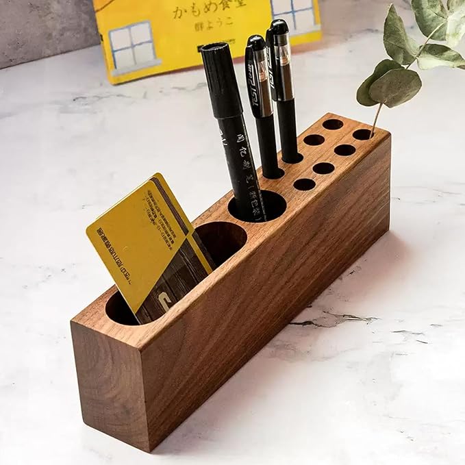 LiTY Pen Holder for Desk, Acacia Wooden Pencil Stand, Solid Wood Business Card Holder, Fountain Pen Organizer, Minimalist Aesthetic Office Stationery Desk Decor-DeskoryOffice