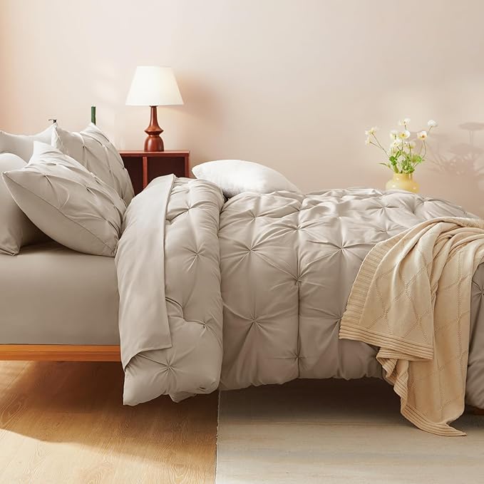 CozyLux Full Size Comforter Sets Wheat, 7 Pieces Pintuck Bed in A Bag Wheat - Image 8
