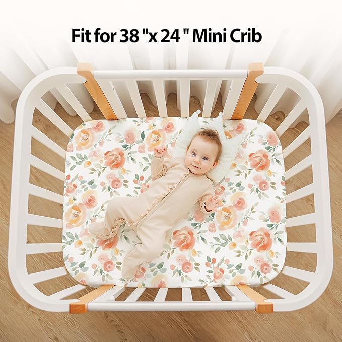 Baby Mini Crib Sheets Girl, Portable 38”x26” Pack and Play Sheets Fitted - Image 5