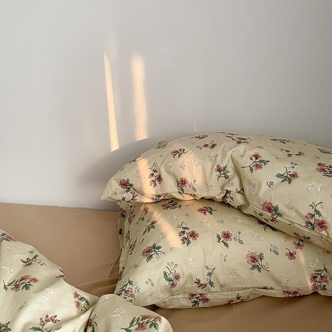 MKXI Yellowish Beige & Red Floral Duvet Cover Set Queen Size - Image 2