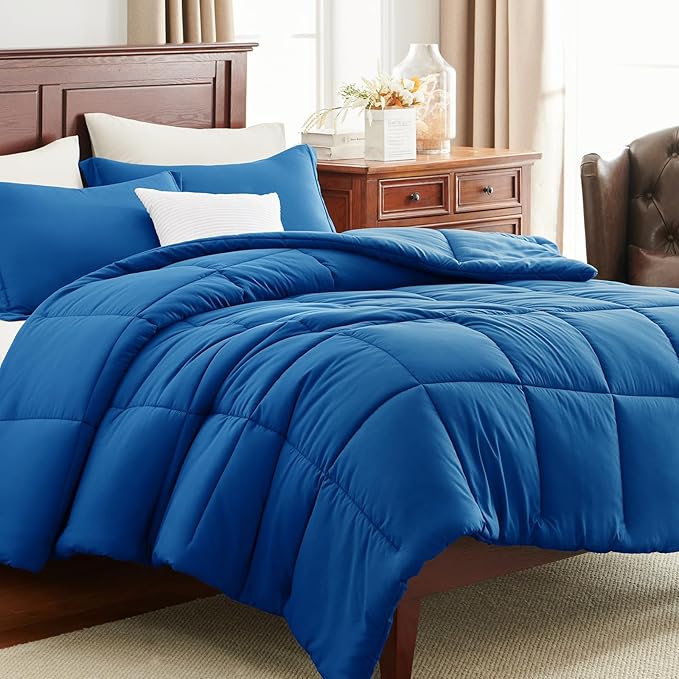 CozyLux Oversized King Comforter Set, 3 Pieces Classic Blue 120x98 Box Stitched - Image 9
