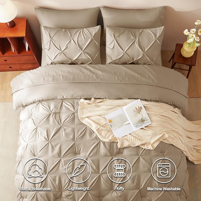 CozyLux Queen Comforter Set Taupe, 7 Pieces Pintuck Bed in A Bag, Premium Taupe - Image 2