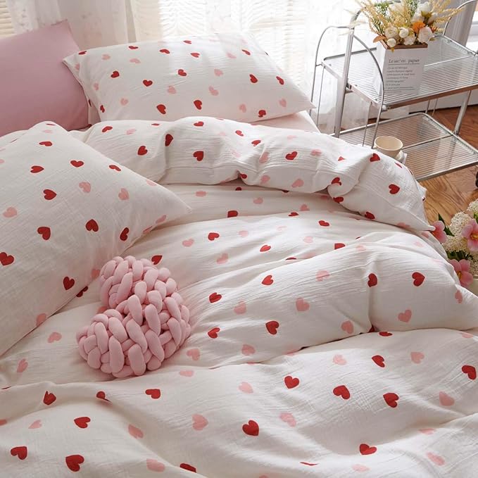 Nayoroom Heart Duvet Cover Full Size Red Pink Hearts Printed on White Coquette - Image 5
