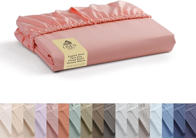 Linen Home 100% Cotton Percale Weave Fitted Sheet, Twin Size, English Rose by LINENHOME