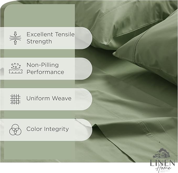 Linen Home 100% Cotton Percale Sheets Queen Size, Oil Green, Deep Pocket - Image 2