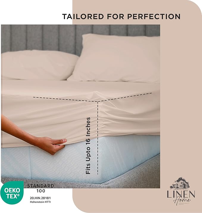Linen Home 100% Cotton Percale Weave Fitted Sheet, King Size, Sand Shell - Image 3