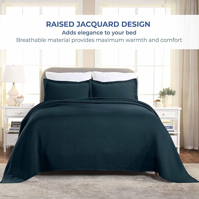 Superior 2 Piece Basketweave Cotton Bedspread Set, Home Bed Decor, Decorative Bed Spread, 1 Pillow Sham, Medium Weight Blanket, Matelasse Coverlet Bedding, Geometric Lattice Pattern, Twin, Deep Sea