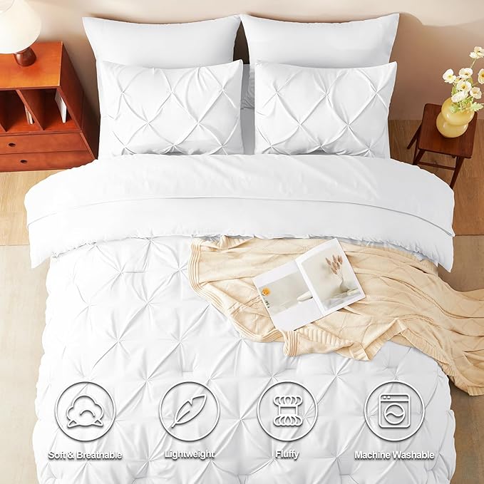 HIMEET Pintuck Bed in a Bag, 7 Pieces Queen Size Comforter Set White, Luxury - Image 2