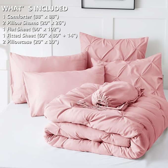 CozyLux Queen Comforter Set Pink, 7 Pieces Pintuck Bed in A Bag, Premium Pink - Image 6