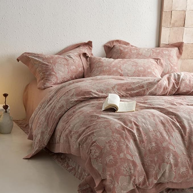 mixinni Duvet Cover King, Premium Cotton Double-Layer Yarn Pink Floral Jacquard - Image 2