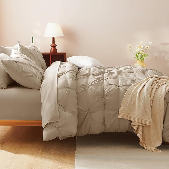 CozyLux King Size Comforter Set Taupe, 7 Pieces Pintuck Bed in A Bag Taupe - Image 8