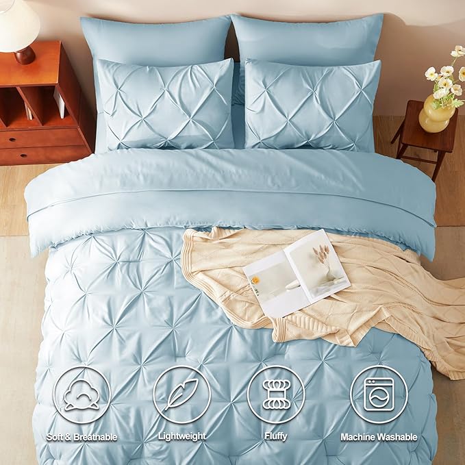 CozyLux Queen Comforter Set Light Blue, 7 Pieces Pintuck Bed in A Bag, Premium - Image 2
