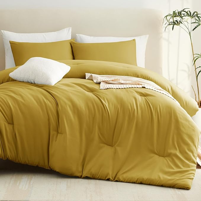 CozyLux King Size Comforter Set Mustard Yellow, 3 Pieces Solid Comforters King - Image 8