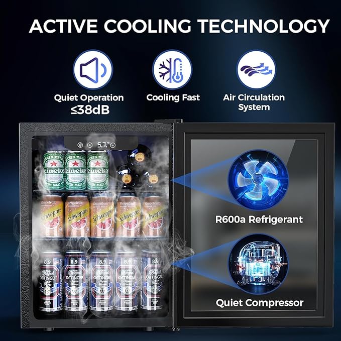 1.7 Cu.ft Beverage Refrigerator Cooler, 68 Can Mini Fridge Glass Door with Adjustable Shelves, Digital Temperature Display, Freestanding Small Drink Fridge for Home, Office or Bar(Black)-DeskoryOffice