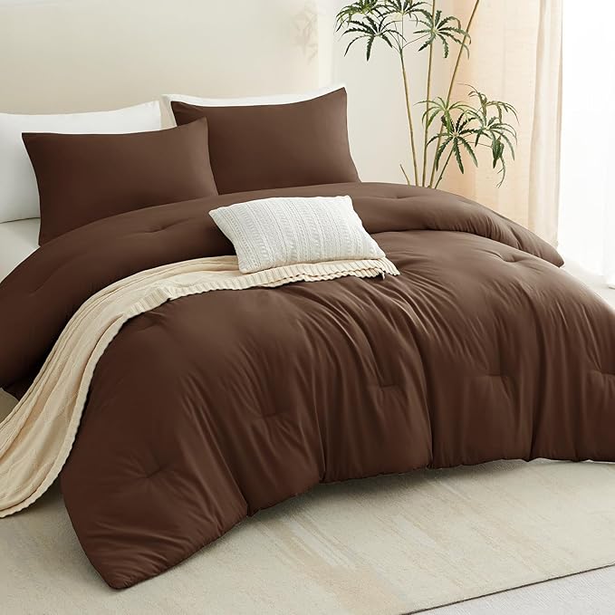 CozyLux Oversized Queen Comforter Set Brown, 3 Pieces 98x98 Solid Breathable - Image 7