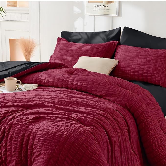 HYMOKEGE Dark Red/Black Duvet Cover Full Size, Ultra Soft 3-Piece Seersucker - Image 2