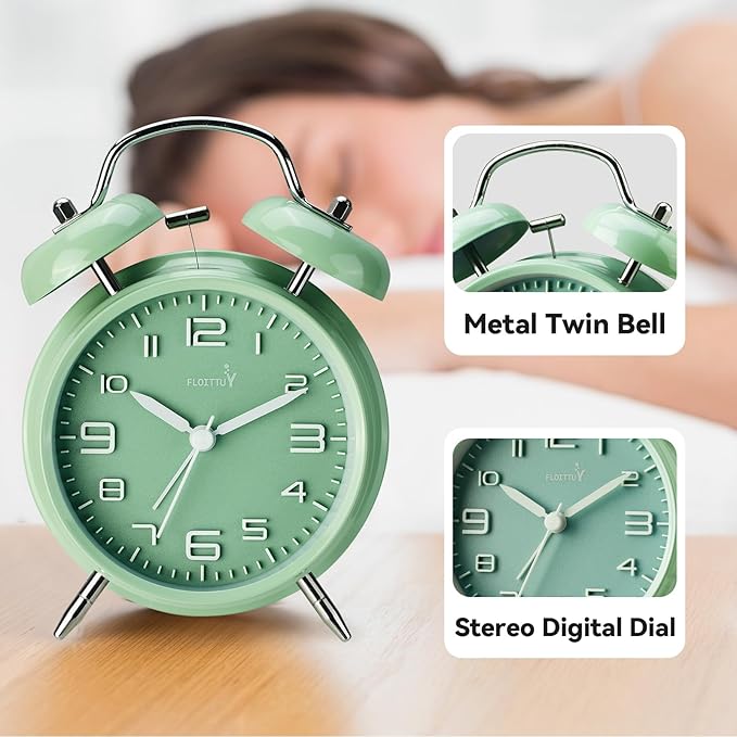 (Loud Alarm for Deep Sleepers 4'' Twin Bell Alarm Clock, Stereo Digital Dial Alarm Clock with Backlight for Bedroom and Home Decoration(Pea Green)