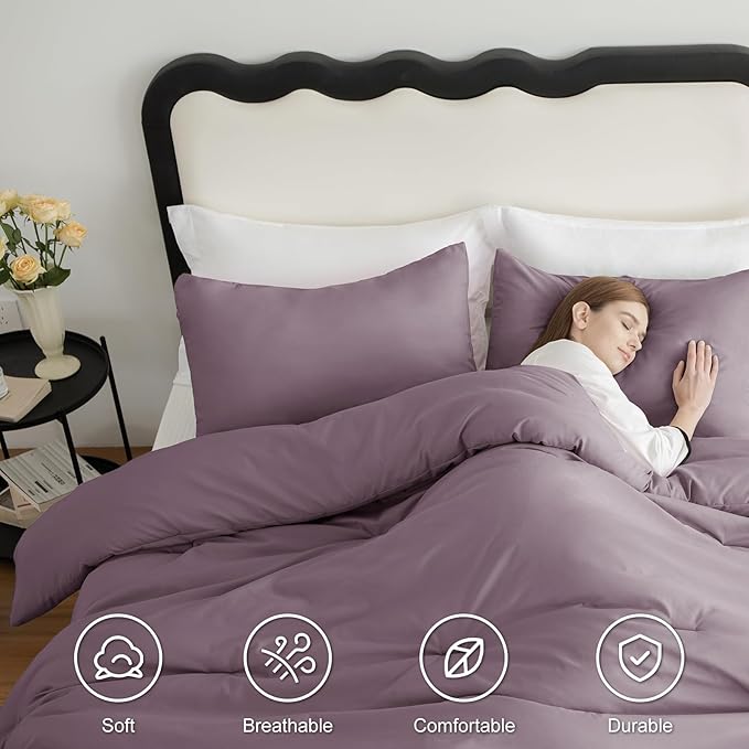 CozyLux Oversized Queen Comforter Set Dusty Purple, 3 Pieces 98x98 Solid - Image 5