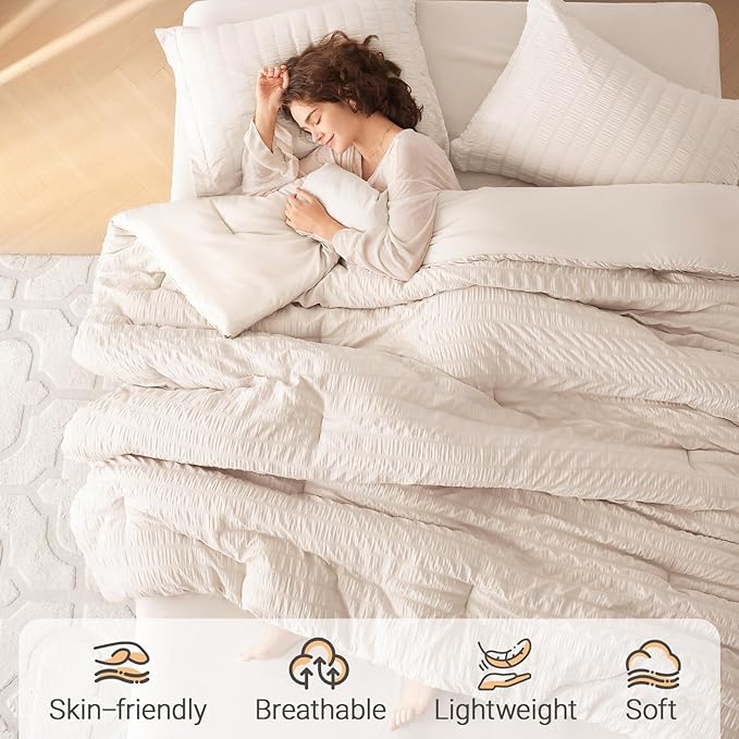 MUXHOMO 7 Pieces Queen Comforter Set, Seersucker Bed in a Bag Queen Size - Image 2