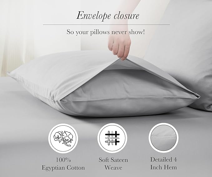 100% Egyptian Cotton Pillowcases Standard Set of 2, Sateen Weave, Soft and - Image 5