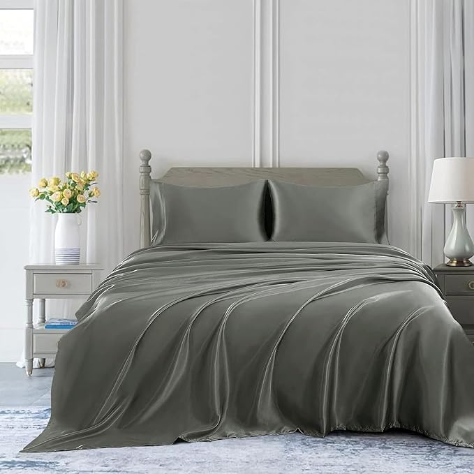 Homiest Dark Grey Satin Flat Sheet King Size, Luxury & Ultra Soft Bedding - Image 5
