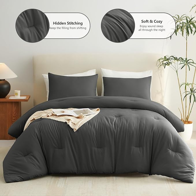 CozyLux Oversized King Comforter Set Dark Grey, 3 Pieces 120x98 Solid - Image 2