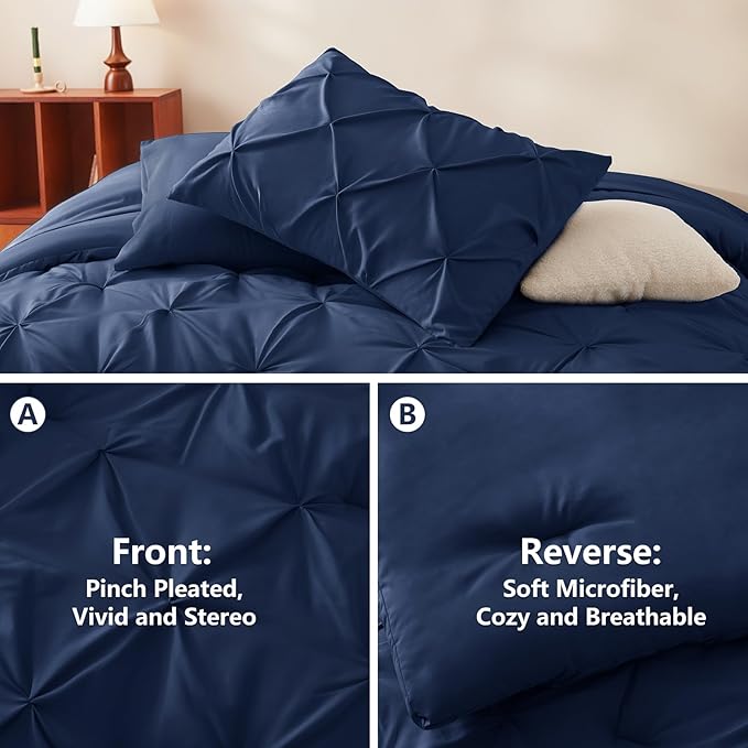 CozyLux Full Size Comforter Sets Navy Blue, 7 Pieces Pintuck Bed in A Bag Blue - Image 3