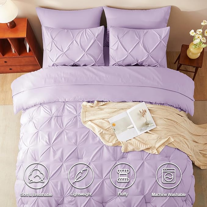 HIMEET Pintuck Bed in a Bag, 7 Pieces Queen Size Comforter Set Lavender - Image 2