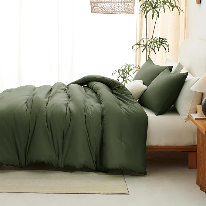 CozyLux Oversized Queen Comforter Set Olive Green, 3 Pieces 98x98 Solid - Image 7
