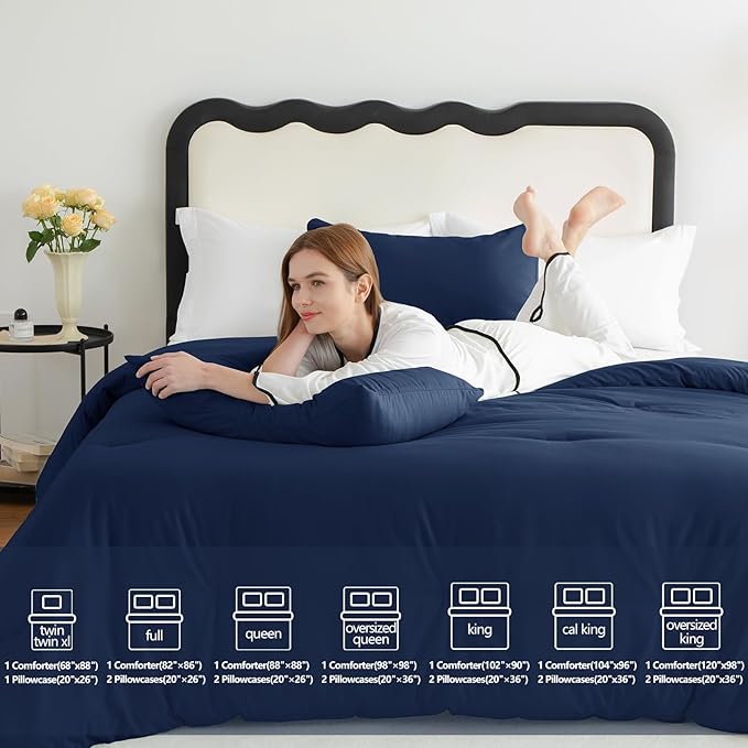 CozyLux California King Comforter Set Navy Blue, 3 Pieces Cal King Solid - Image 6