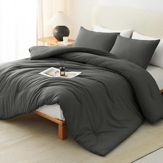 CozyLux California King Comforter Set Dark Grey, 3 Pieces Cal King Solid by CozyLux