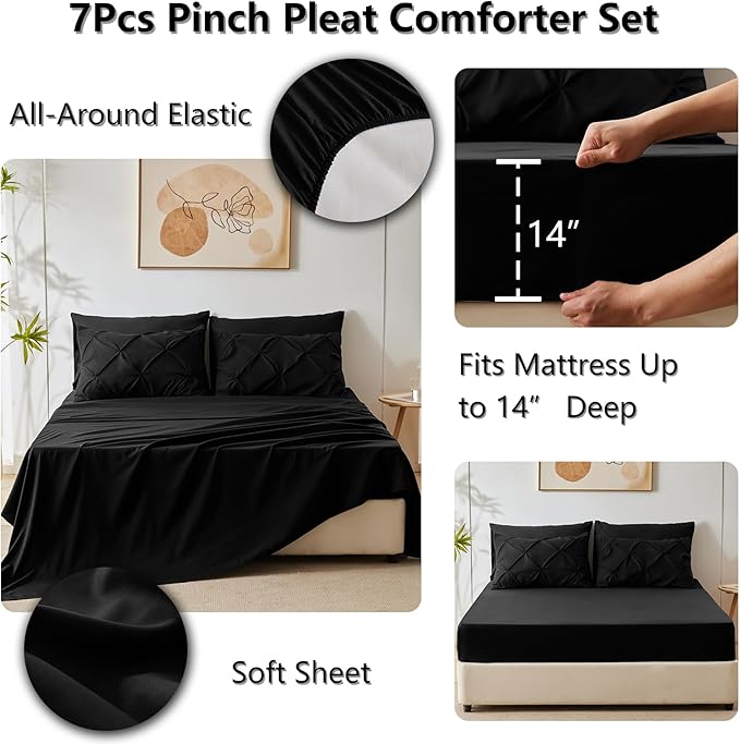 CozyLux Queen Comforter Set Black, 7 Pieces Pintuck Bed in A Bag, Premium Black - Image 5