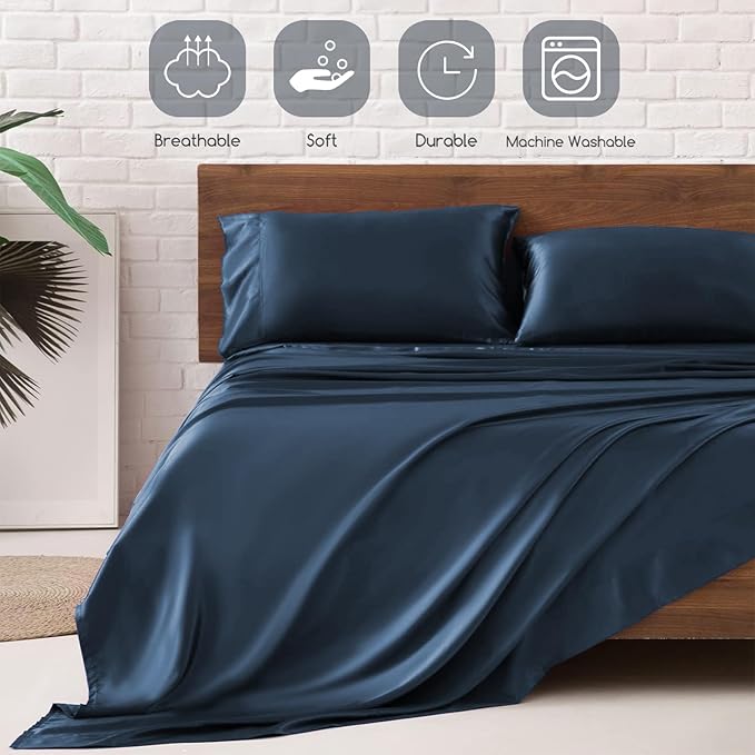 MR&HM Satin Bed Sheets with Elastic Corner Straps, King Size Sheets Set - Image 5