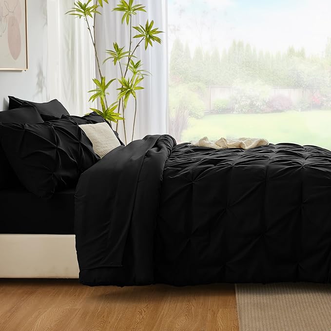 CozyLux King Size Comforter Set Black, 7 Pieces Pintuck Bed in A Bag Black - Image 9