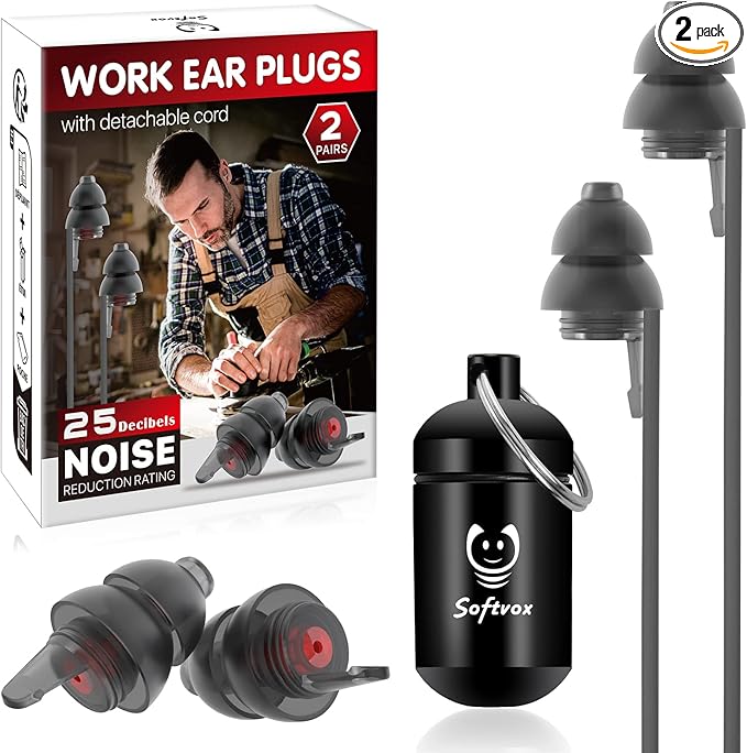 Corded Ear Plugs for Work 2 Pairs, 100x Reusable Ultra-Comfy Earplugs by Softvox