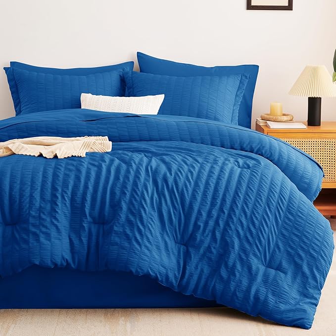 CozyLux Queen Comforter Set Classic Blue Seersucker 7 Pieces Bed in a Bag Queen - Image 9