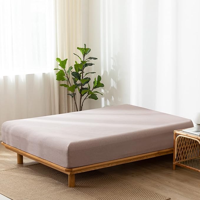 MooMee Fitted Bottom Sheet Only 100% Washed Cotton Linen Like Textured Breathable Durable Soft Comfy Deep Pocket Fits Mattress up to 17" (Mauve Brown, Queen)