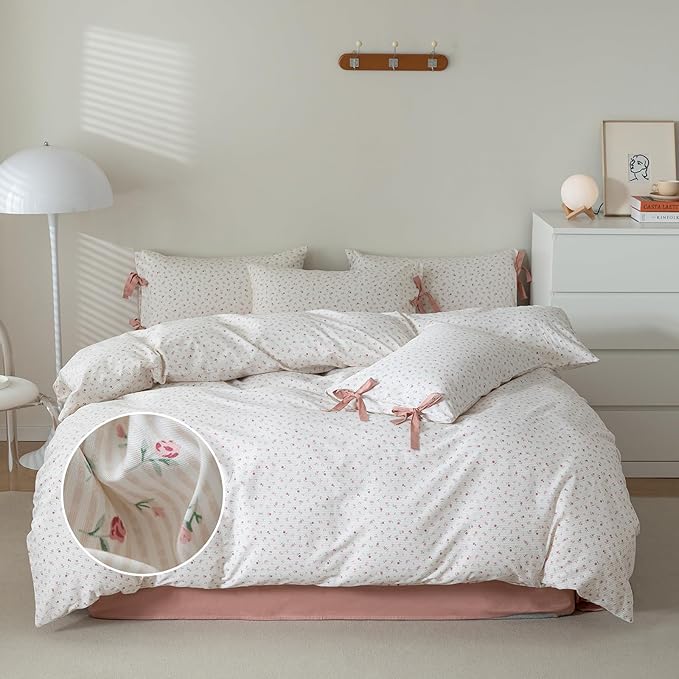 mixinni White Flower Pattern Duvet Cover Queen Cottage Pink Floral Stripes - Image 2